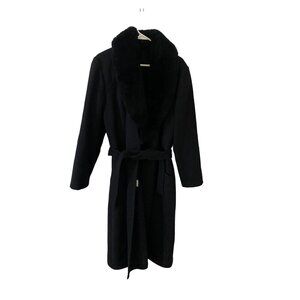 Miura Women's Designer Black 100% Wool, Lamb Fur Collar Wrap Coatt - 16
